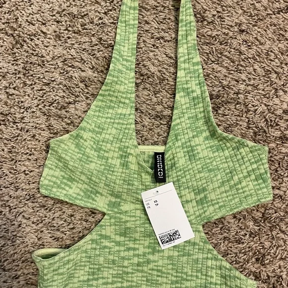 H&M Ribbed Halterneck Midi Dress in Light Green Melange. Size XS. - Picture 2 of 4